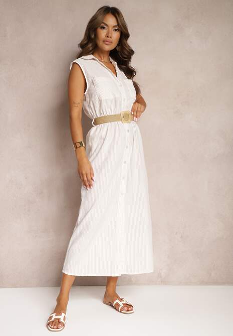 Beżowa Koszulowa Sukienka z Bawełny Bez Rękawów z Paskiem i Gumką w Talii Zalorea