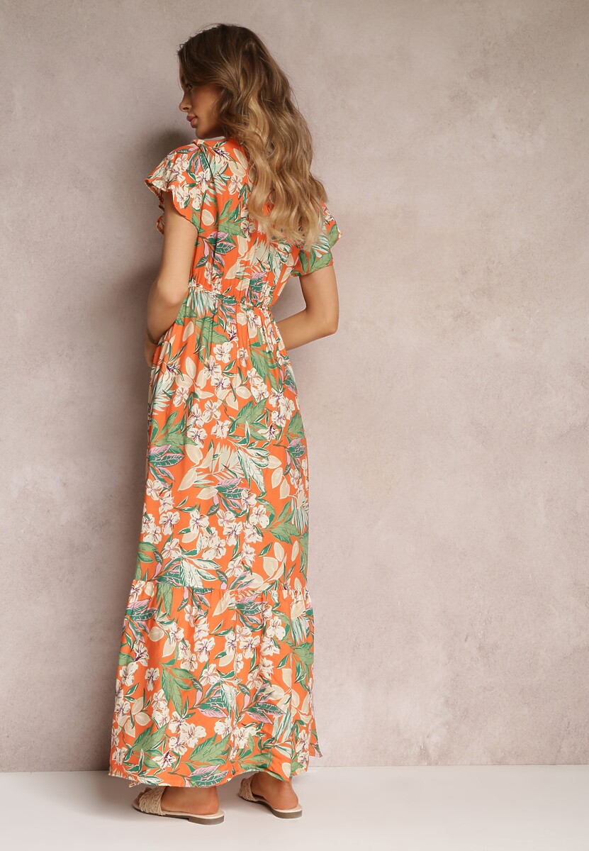 Pomarańczowa Sukienka Rozkloszowana w Kwiaty z Gumką w Pasie Diggle
