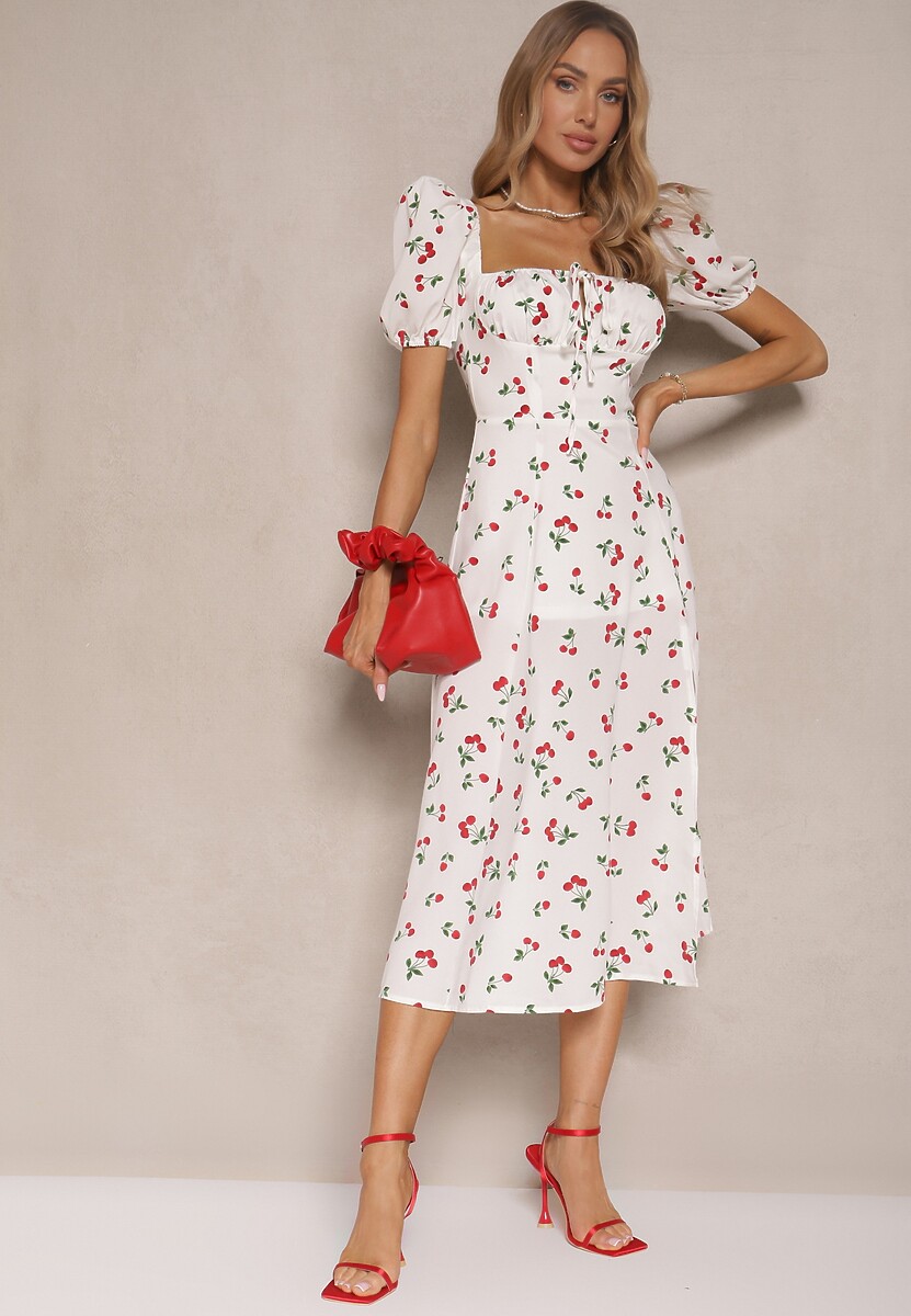 Biała Sukienka o Rozkloszowanym Kroju Ozdobiona Wisienkami i Wiązaniem Hallonia