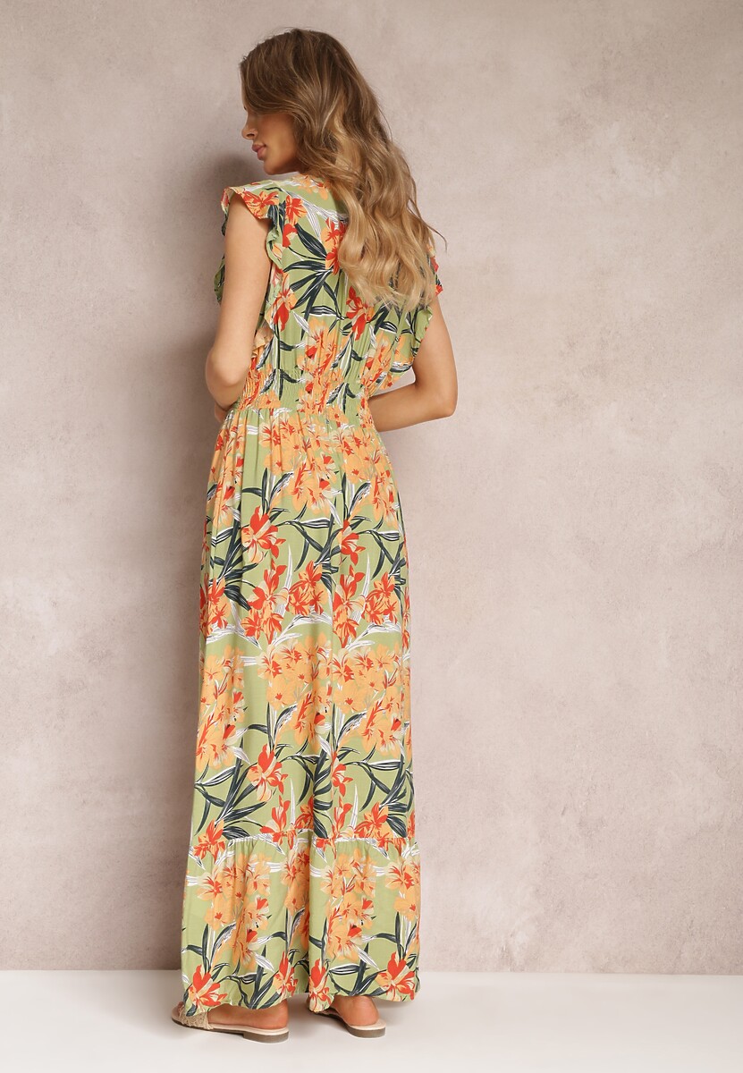 Zielona Sukienka Maxi z Falbankami i Cienkimi Gumkami w Pasie Bexla