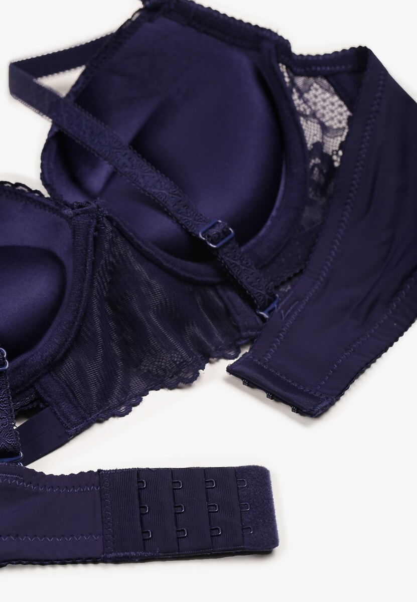 Granatowy Biustonosz Push-Up Ozdobiony Koronką i Napisami z Cekinami Elisei