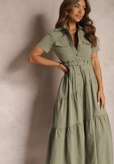 Zielona Bawełniana Sukienka o Rozkloszowana Zwężana w Talii Nenefia