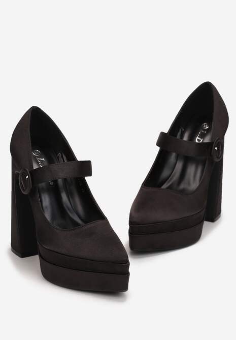 Czarne Czółenka Satynowe na Wysokim Słupku i Platformie Zoyi