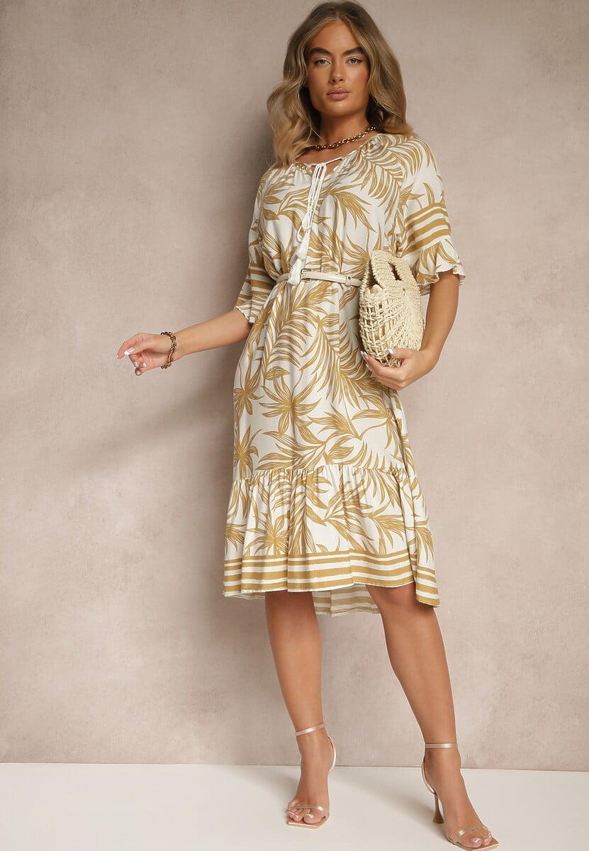 Beżowa Pudełkowa Sukienka Zdobiona Roślinnym Printem i Wiązaniem przy Dekolcie Miranissa