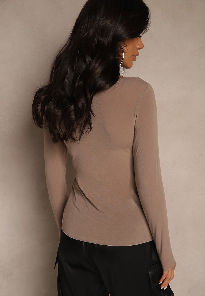 Beżowa Bluzka Longsleeve z Wiskozy i Kaszmiru Unelle