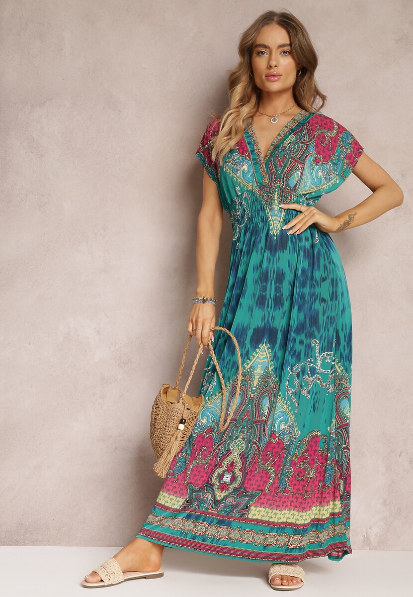 Zielona Sukienka o Kopertowym Kroju w Ornamentalny Print Nalori