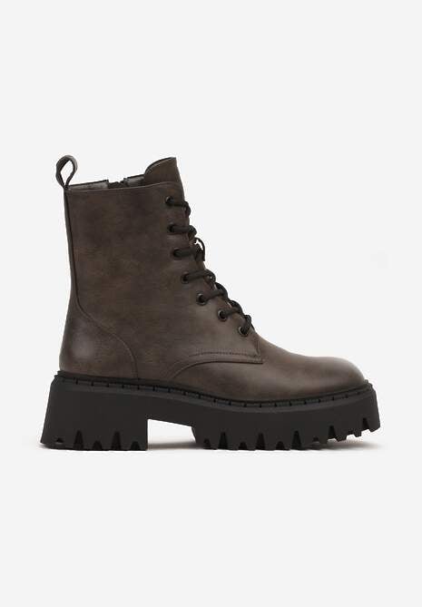 Szare Sznurowane Botki na Platformie w Stylu Workerów Sairene