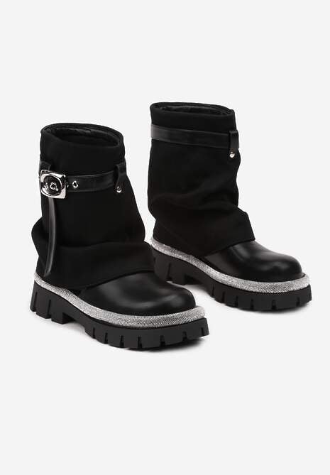Czarne Botki z Cholewką Imitującą Nogawkę Zdobione Cyrkoniami i Paskiem z Klamrą Toriyana