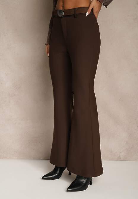 Brązowe Wiskozowe Spodnie Dzwony z Bawełną High Waist z Paskiem Lidassa