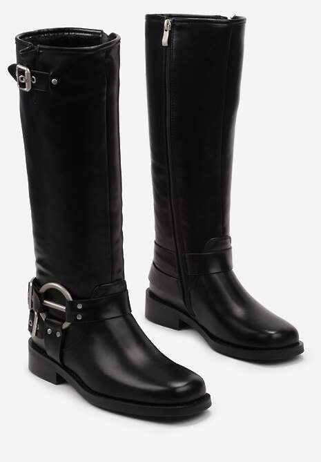 Czarne Kozaki Biker z Kwadratowym Noskiem i Ozdobną Klamerką Verveli