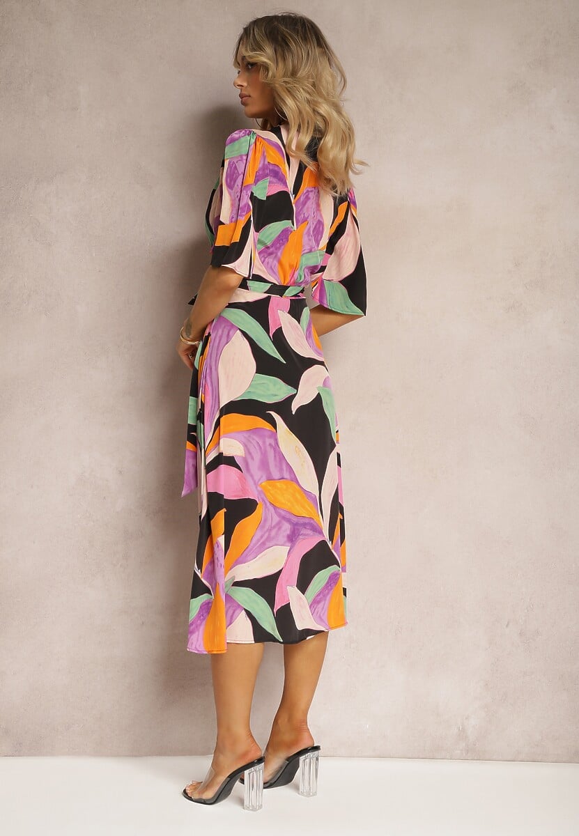 Czarno-Fioletowa Kopertowa Sukienka z Materiałowym Paskiem w Talii Ruspia