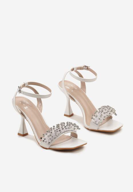 Biało-Srebrne Sandały z Cyrkoniami na Szpilce w Kształcie Klepsydry Xittima