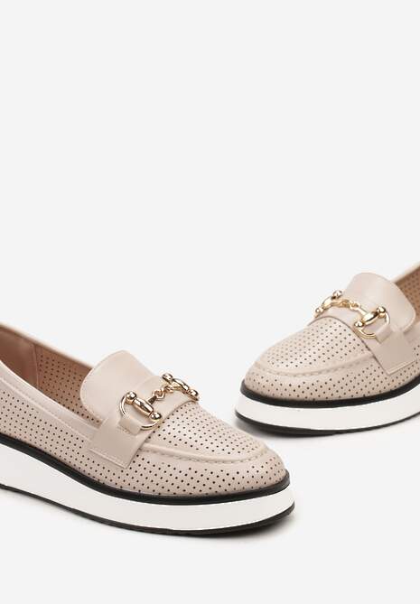 Beżowe Ażurowe Mokasyny z Ekoskóry na Grubej Podeszwie z Metaliczną Klamrą Valesin