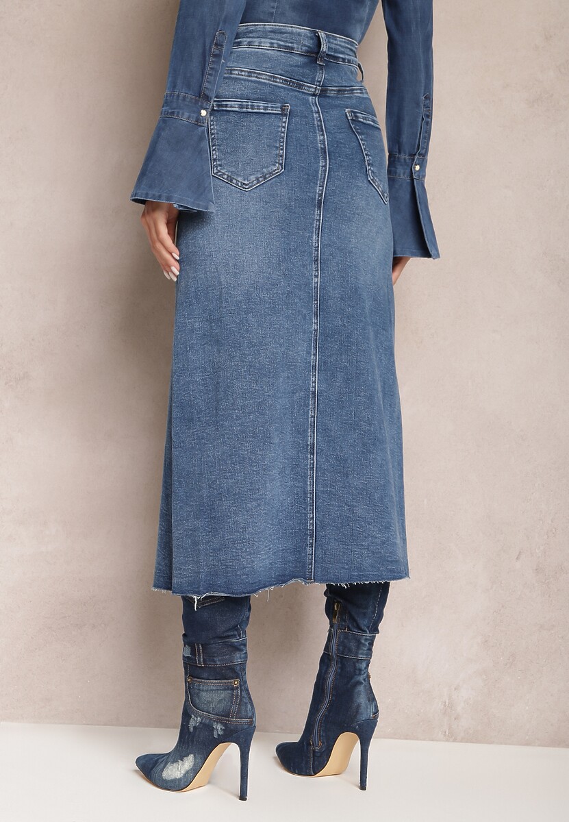 Niebieska Spódnica Maxi z Rozcięciem z Jeansu Vonuline