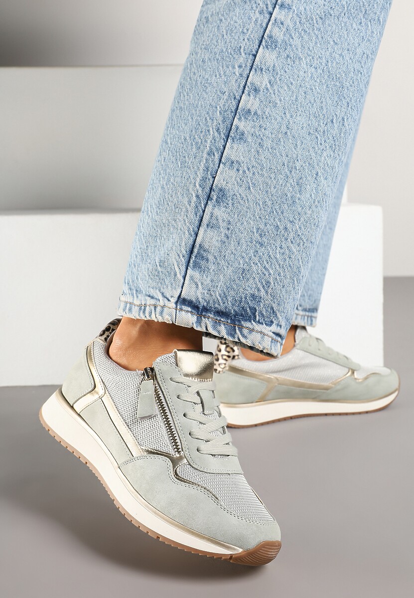 Jasnozielone Sneakersy Ozdobione Suwakiem i Metalicznymi Wstawkami Alua