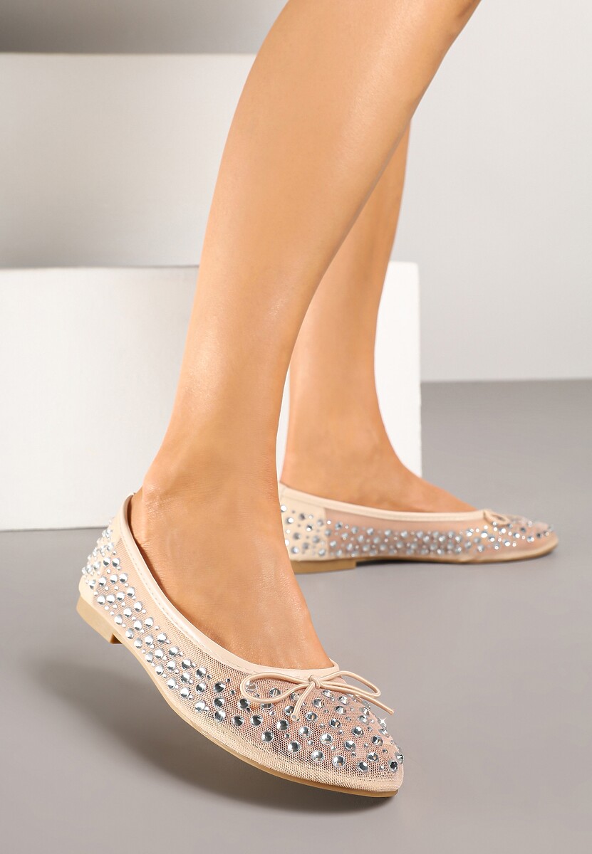 Białe Siateczkowe Balerinki Zdobione Cyrkoniami i Kokardką Revia