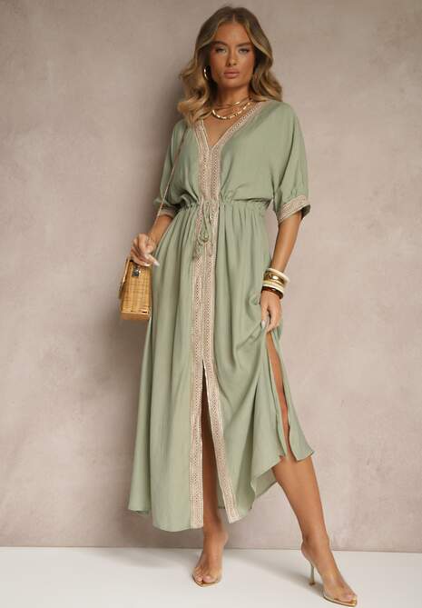 Zielona Sukienka z Wiskozy Ozdobiona Ażurowymi Wstawkami Aloviana