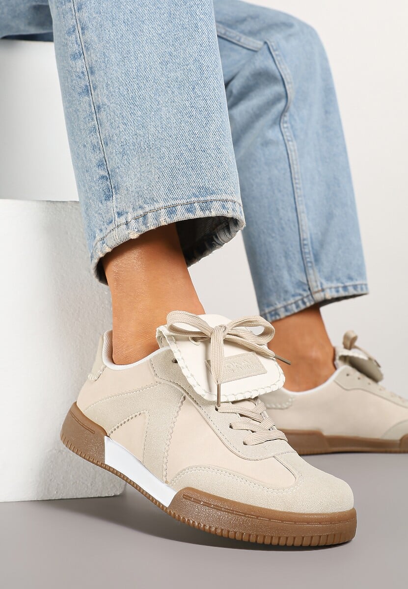 Beżowe Sneakersy w Stylu Tenisówek z Szerokim Językiem Alarila