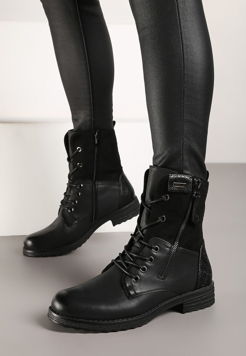 Ciemnobeżowe Botki Sznurowane z Zamkiem Hiyab