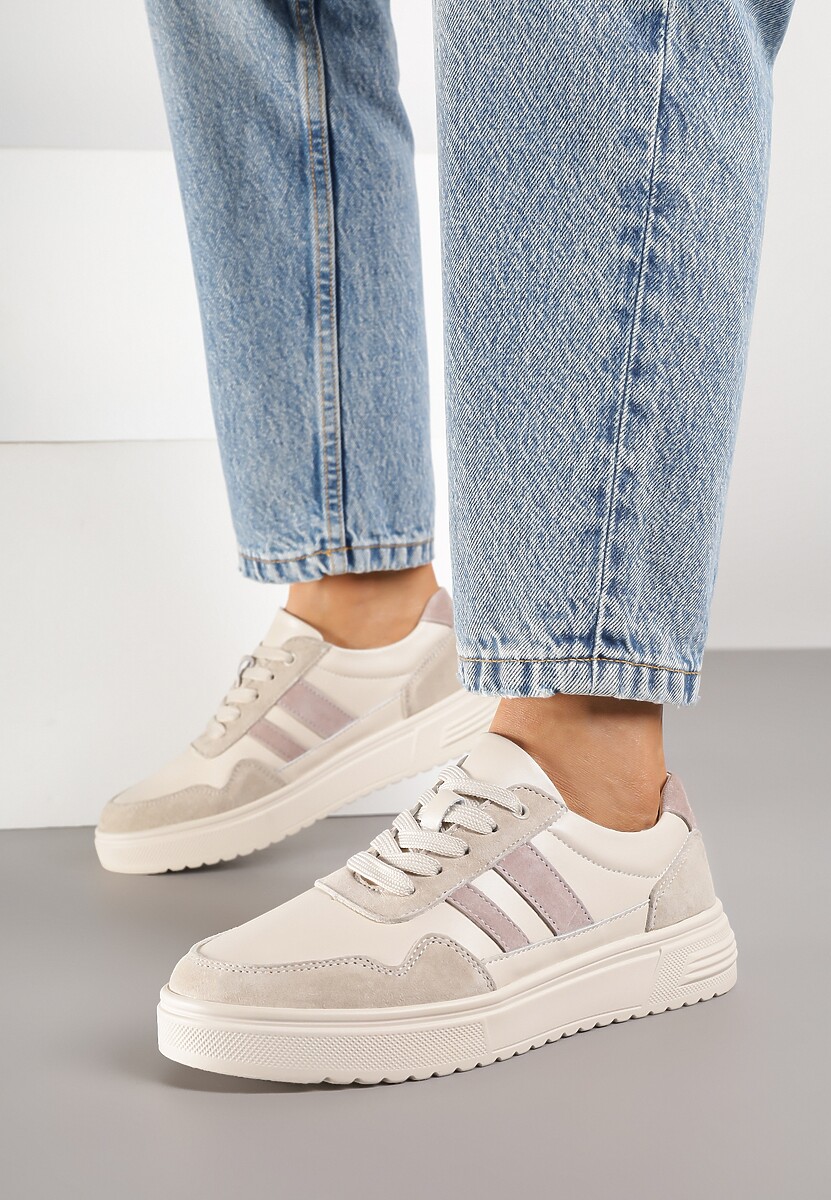 Beżowe Sneakersy ze Skóry Naturalnej Ozdobione Paskami Arabbela