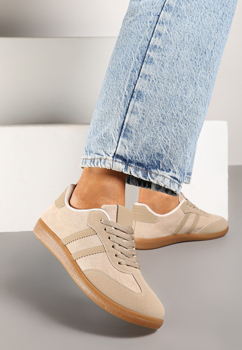 Ciemnobeżowe Casualowe Sneakersy z Ekozamszu na Płaskiej Podeszwie Pemeriana