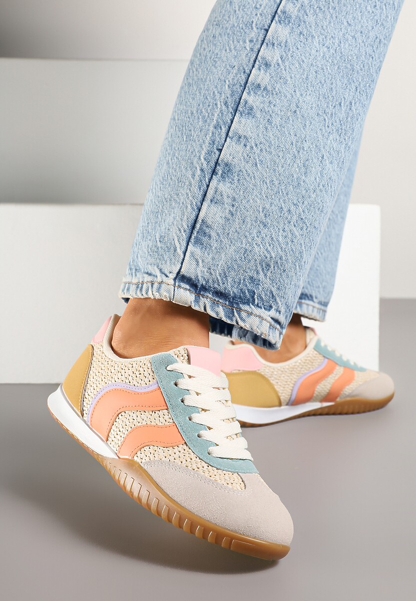 Beżowo-Pomarańczowe Sneakersy z Geometrycznym Motywem i Plecionką Laniffia