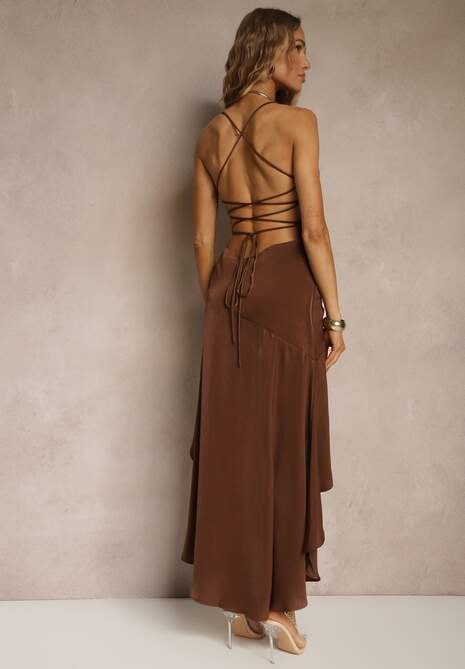 Brązowa Sukienka Vices o Rozkloszowanym Kroju z Odkrytymi Plecami i Gorsetowym Wiązaniem Natiere