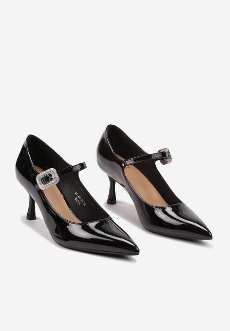 Czarne Lakierowane Czółenka na Niskiej Szpilce z Ozdobną Sprzączką Merianne