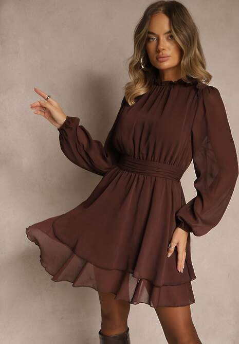 Brązowa Sukienka z Siateczki o Rozkloszowanym Kroju z Bufiastymi Rękawami Aziva