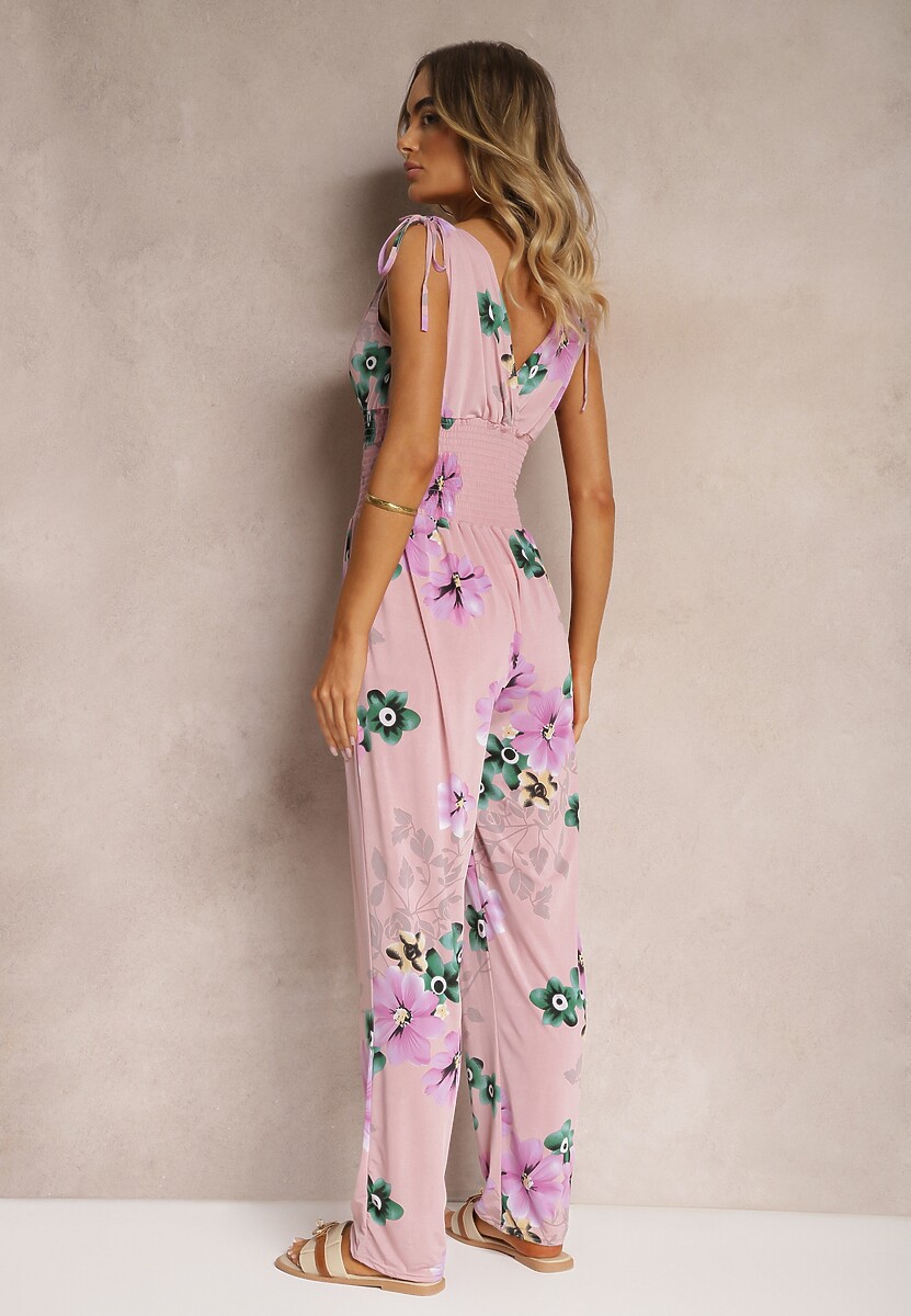 Jasnoróżowy Kombinezon z Ściągaczami na Ramionach w Kwiatowy Wzór Almora