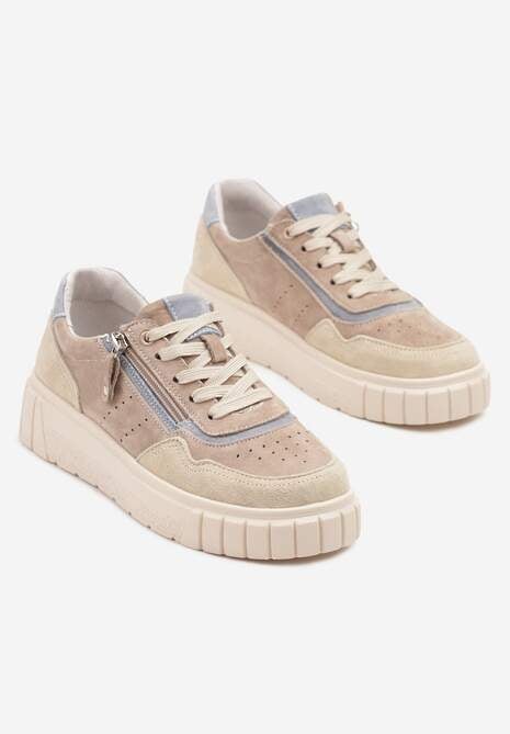 Ciemnobeżowe Sneakersy ze Skóry Naturalnej z Ozdobnym Suwakiem Tilliraya