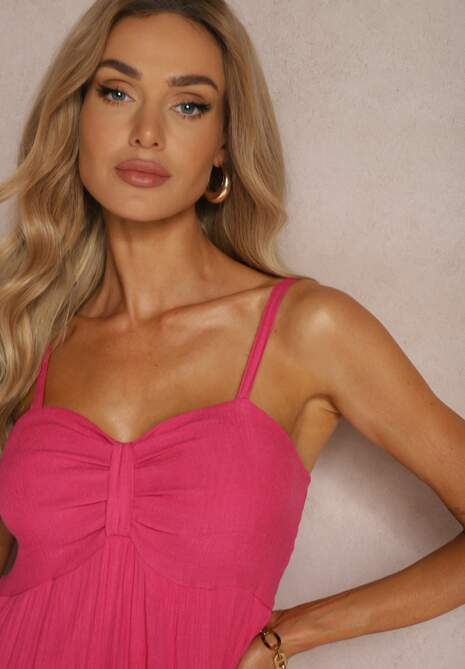 Fuksjowa Sukienka z Dodatkiem Bawełny na Ramiączkach z Regulacją oraz Gumką z Tyłu Tinanoras