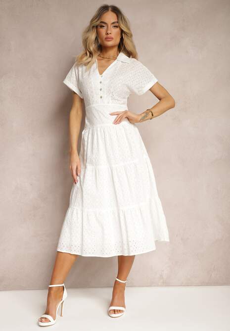 Biała Ażurowa Sukienka z Bawełny z Krótkim Rękawem i Guzikami Obitha