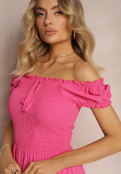 Różowa Sukienka Hiszpanka z Wiskozy z Górą Marszczoną Gumkami Moallme