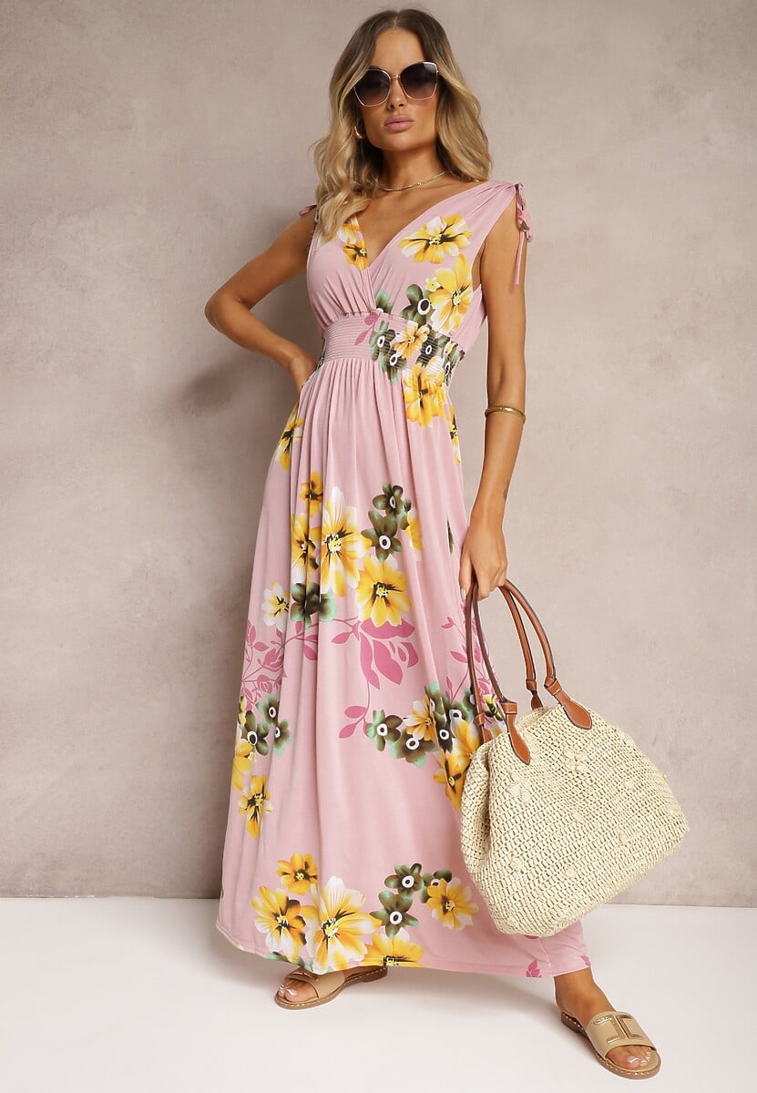 Różowa Sukienka z Wiązanymi Ramiączkami w Kwiatowy Print o Rozkloszowanym Fasonie Talloa