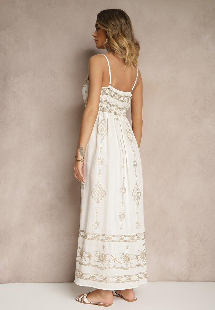 Biała Wiskozowa Sukienka o Rozkloszowanym Kroju na Ramiączkach z Haftem Uloranelia