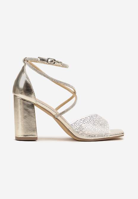 Złote Sandały na Słupku Ozdobione Cyrkoniami Fodea