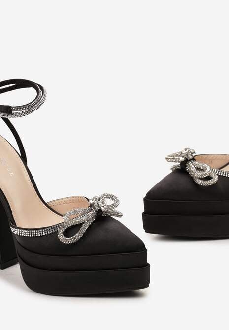 Czarne Sandały na Geometrycznej Szpilce z Platformą z Odkrytą Piątą i Biżuteryjną Kokardką Mornia