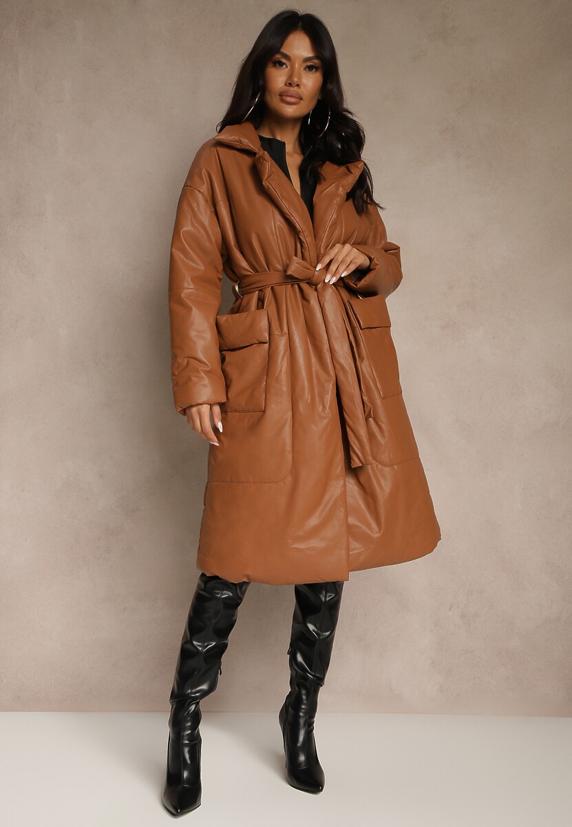 Brązowy Płaszcz z Imitacji Skóry z Wiązanym Paskiem Tosha