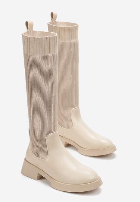 Beżowe Wsuwane Kozaki ze Skarpetkową Cholewką Przed Kolano na Grubej Podeszwie Miraple
