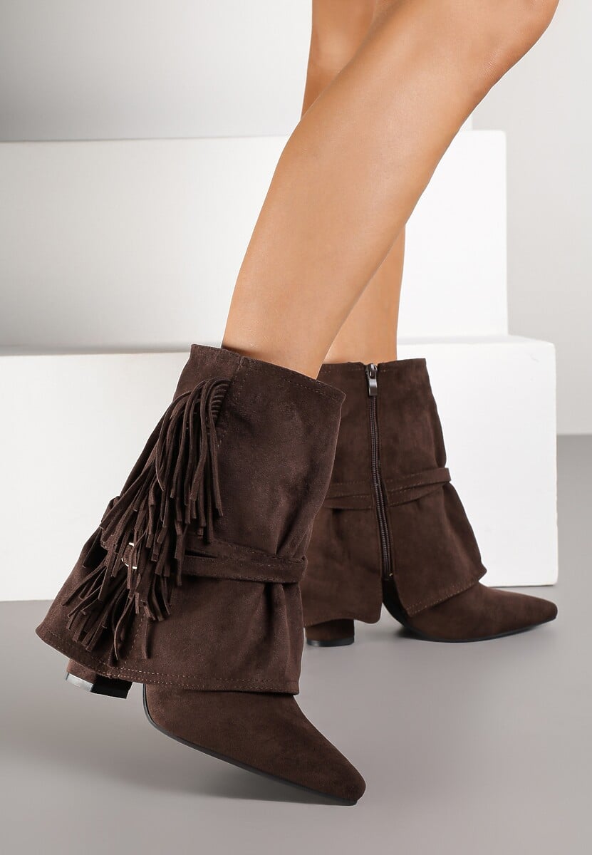 Ciemnobrązowe Botki Boho z Cholewką Imitującą Nogawkę i Frędzlami Zaslie