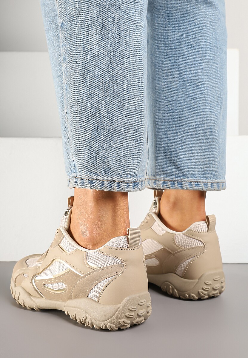 Ciemnobeżowe Sneakersy Ozdobione Tłoczoną Cholewką Pillitha