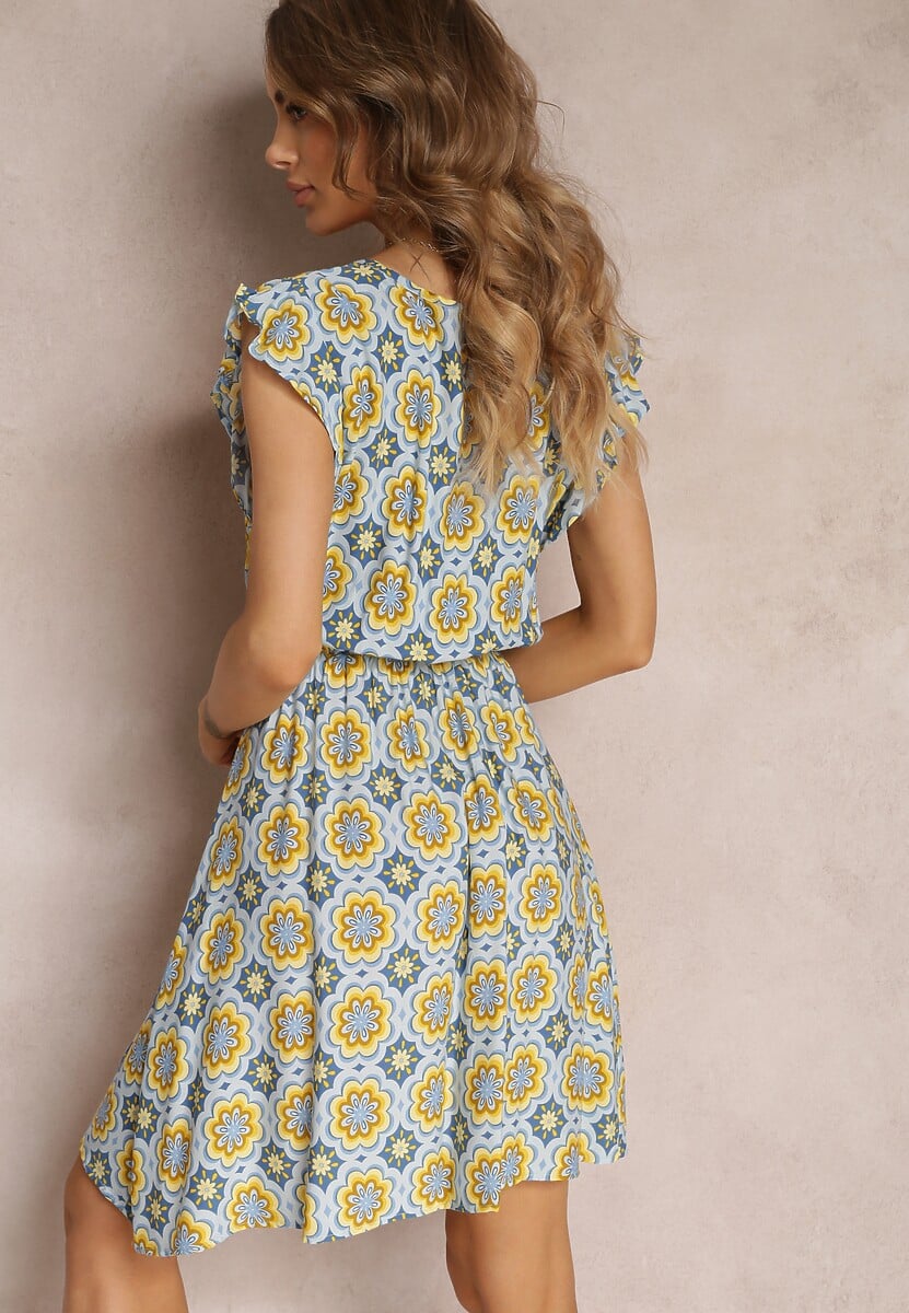 Niebiesko-Żółta Bawełniana Sukienka Mini w Mozaikowy Wzór z Gumką w Talii Fiyona