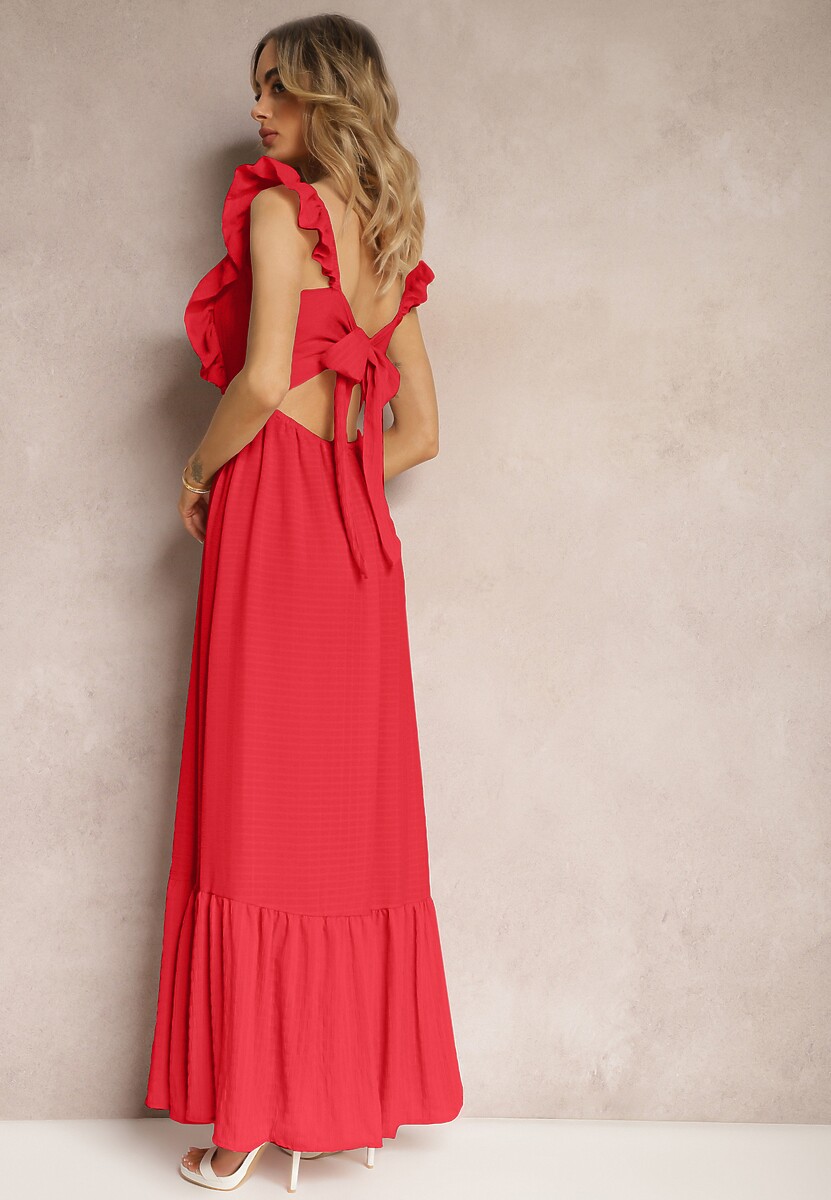Czerwona Sukienka z Wiązaniem na Plecach na Ramiączkach z Falbankami i Gumką w Pasie Rollas