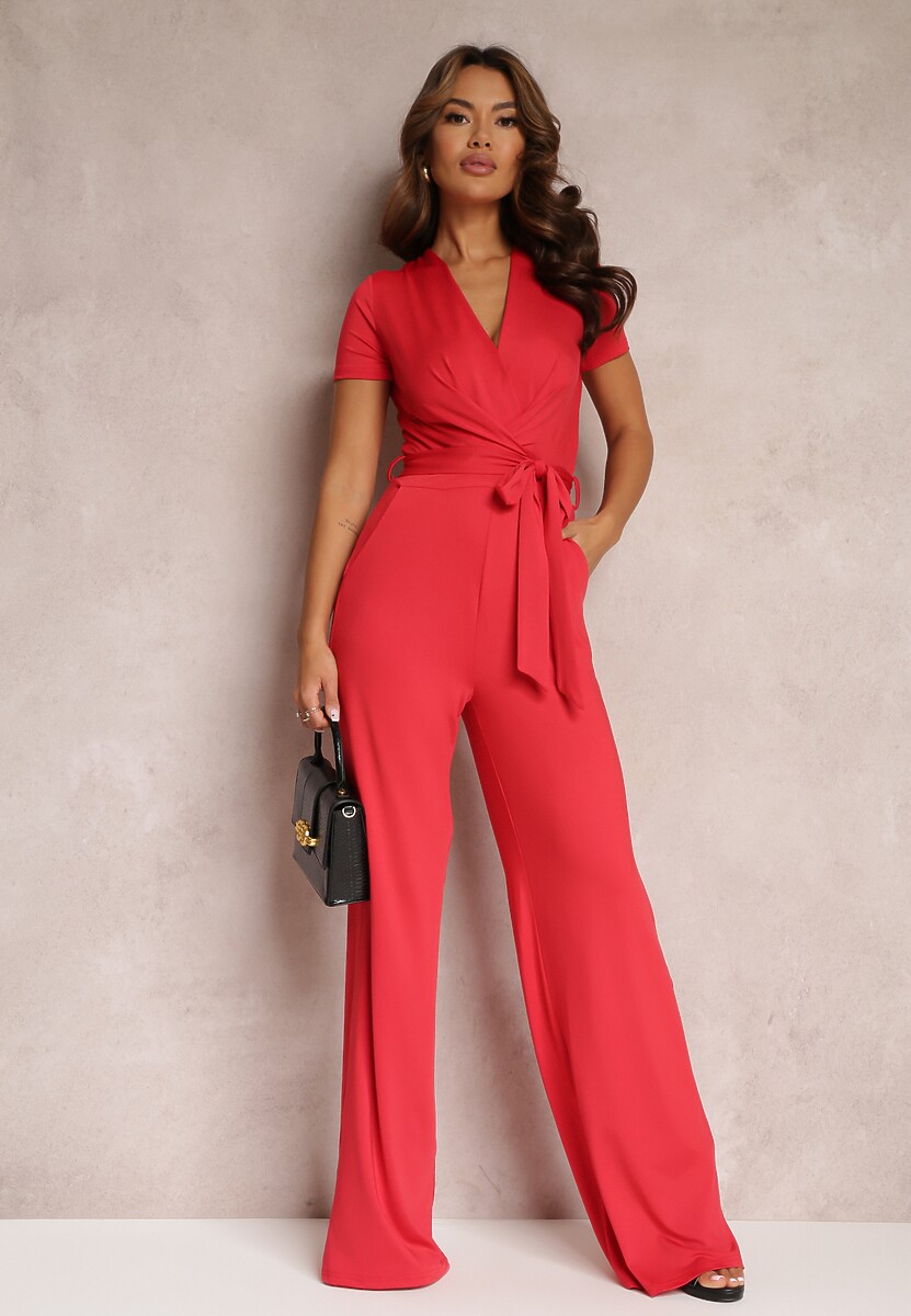 Czarny Wiązany Kombinezon z Długimi Nogawkami i Kopertowym Dekoltem Adithia