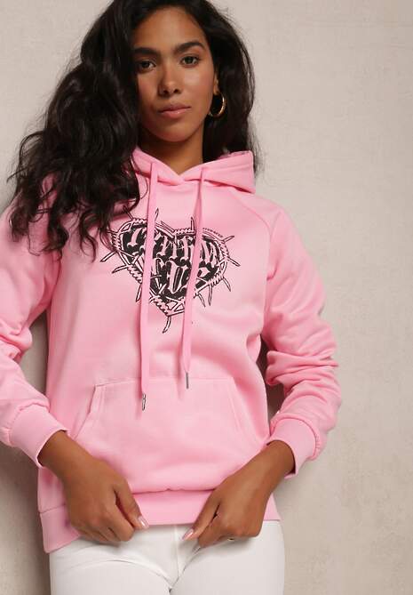 Różowa Klasyczna Bluza z Nadrukiem na Przodzie i Kapturem Inalle