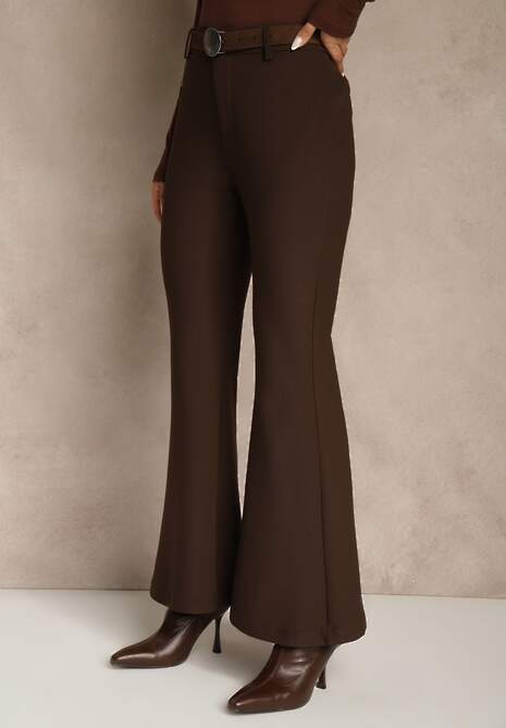 Brązowe Spodnie Flare z Wiskozy i Bawełny z Paskiem w Kowbojskim Stylu Tusiera