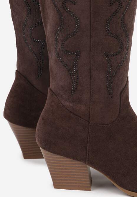 Brązowe Kozaki Kowbojki na Stożkowym Obcasie Zdobione Cyrkoniami Nalasania