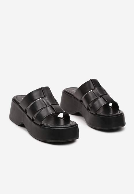 Czarne Płaskie Klapki z Ekoskóry na Grubej Podeszwie Menase