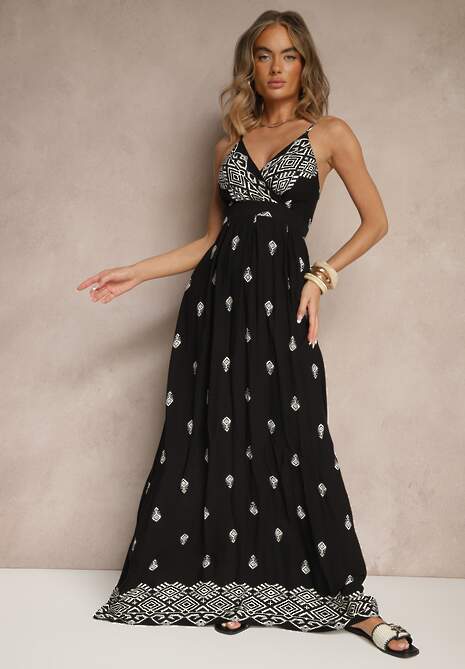 Czarna Kopertowa Sukienka na Ramiączkach z Bawełny z Wiązanym Paskiem Reveesia